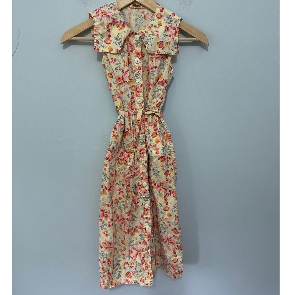 Vintage Cornelloki Shirt Dress Girls 7/8 Pale Yellow Floral Dainty Retro Cottage